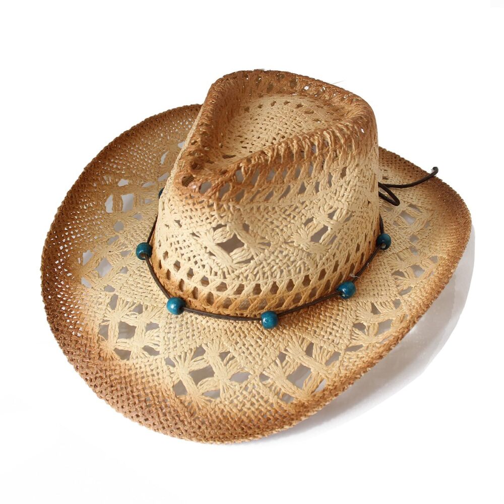 6641 Western Cowboy Hat Wide Brim Woven Straw Cowboy Hat Cowgirl Sun Beach